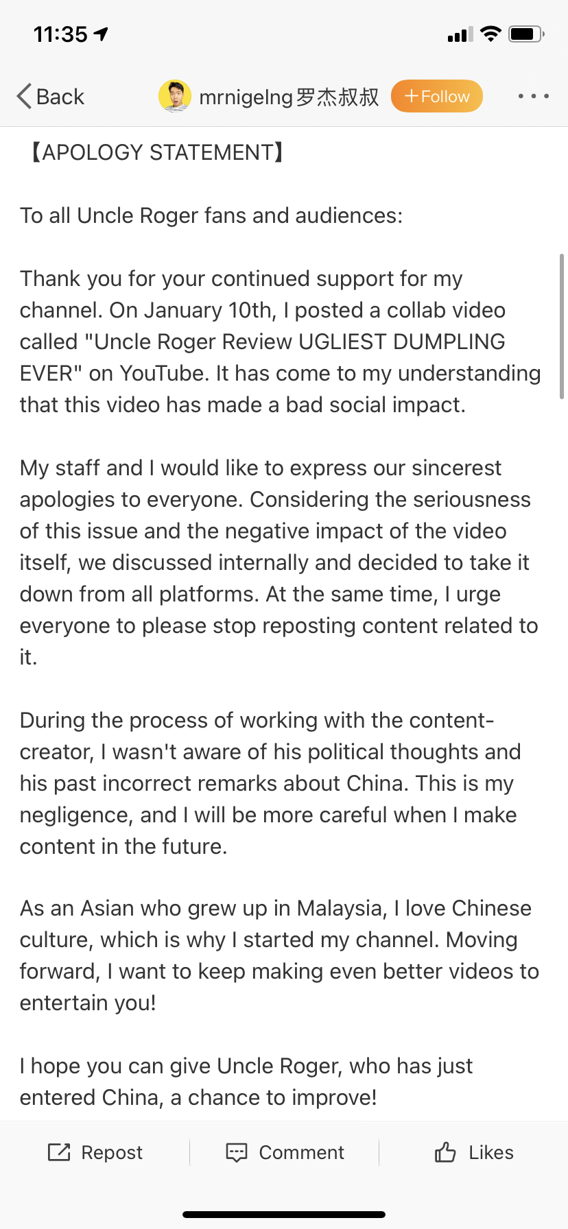 'Uncle Roger' apologises on Weibo after featuring YouTuber who criticised China