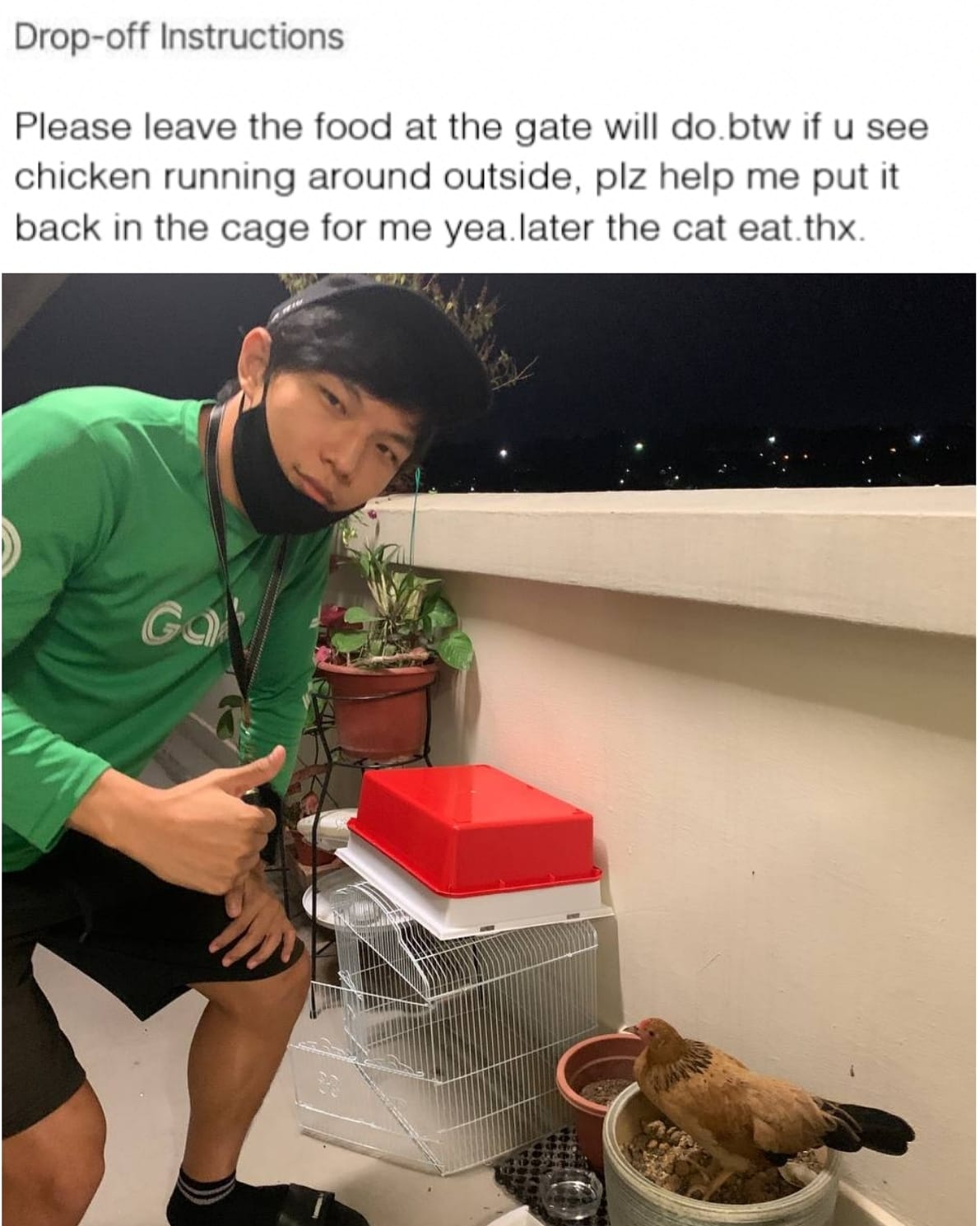 "Help to put the chicken back into the cage" Food rider shares amusing order request