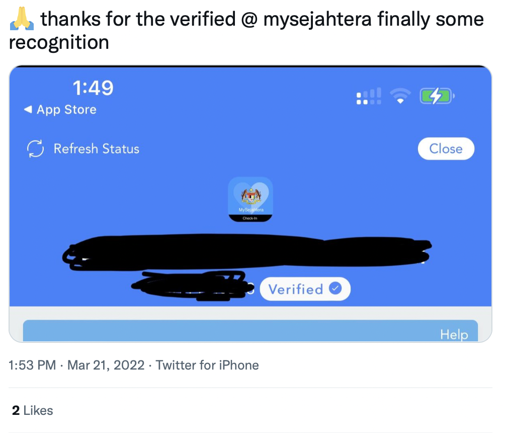 MySejahtera Blue tick verification comment 09