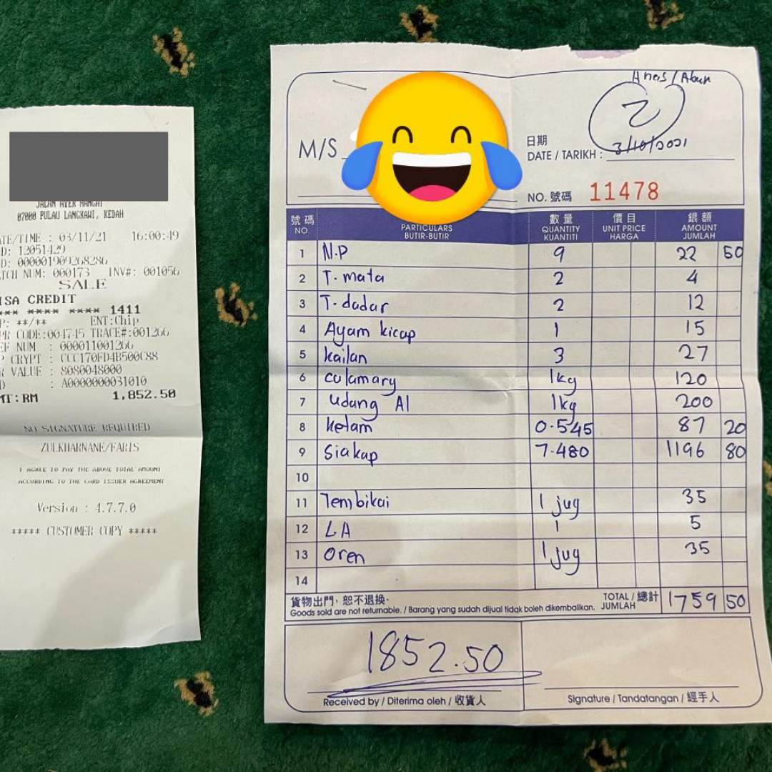 Bill of restaurant in Langkawi