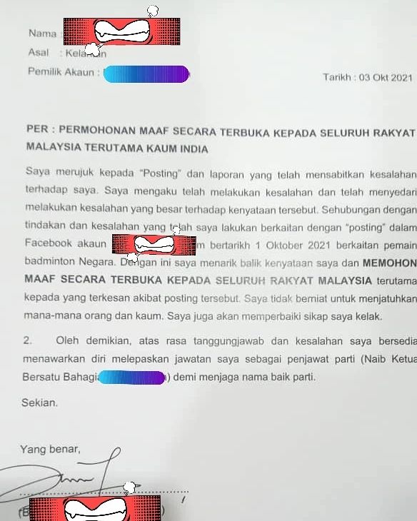 Borhan Che Rahim posted a lengthy statement on his Facebook account and apologised to all Malaysians for his racist remarks towards Kisona yesterday.