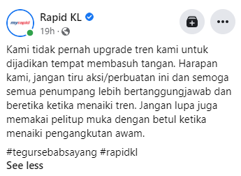 RapidKL's response to the video of woman washing her hands in LRT